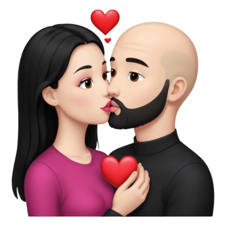 👩🏻‍❤️‍💋‍👨🏻 this one but the man should be bald. white woman with long black hair and white bald young man whoitiut hair and a heart between their heads. she has pink lips and both have brown eyes. he has e full beard but short. both wear black. they kiss slowly sticker