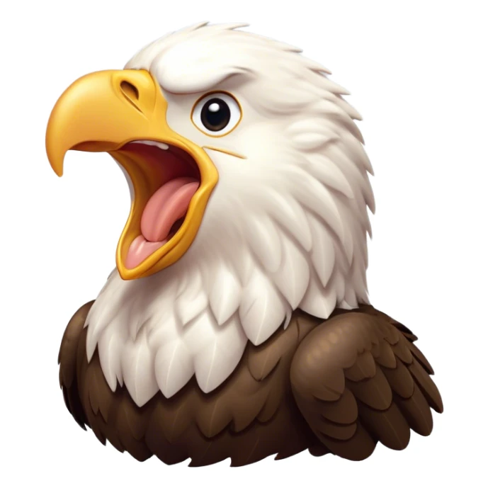 Cinematic Cute Yawning American Eagle Portrait Emoji, Head tilted slightly with a dramatic, wide-open yawn, showcasing a stately form with gently drooping feathers and sleepy, half-closed eyes, Simplified yet irresistibly adorable features, highly detailed, glowing with a soft, cozy majestic glow, high shine, relaxed yet expressive, stylized with a dash of whimsical aerial charm, soft glowing outline, capturing the essence of a drowsy yet affectionate American eagle that appears ready to stretch out for a nap! sticker