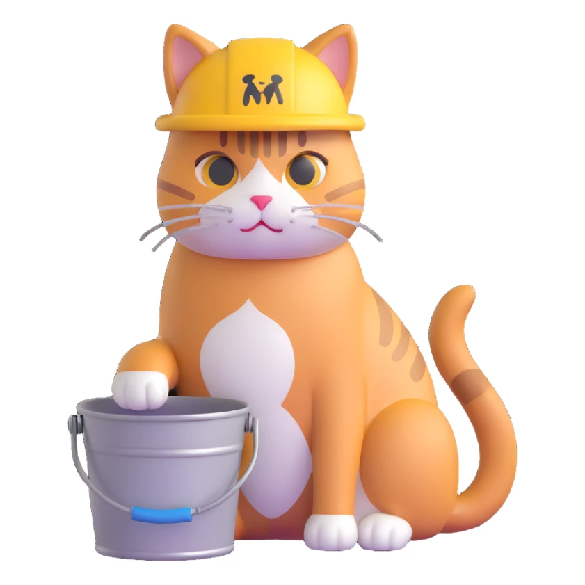 cute cat with a shiny metal bucket on its head, sitting, looking confused sticker