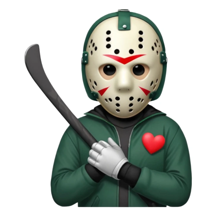 a cartoon image of Jason Voorhees, looking cute, with his hands clasped in front of him, at a sideways angle, looks like he is in love sticker