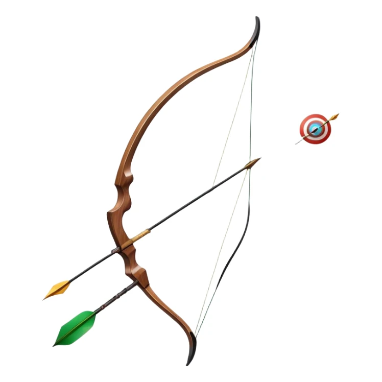 A professional recurve bow with an arrow nocked, ready to be released. The target features concentric rings, placed at a distance. The emphasis is on the bow, arrow, and target, highlighting the precision, focus, and skill involved in competitive archery. sticker