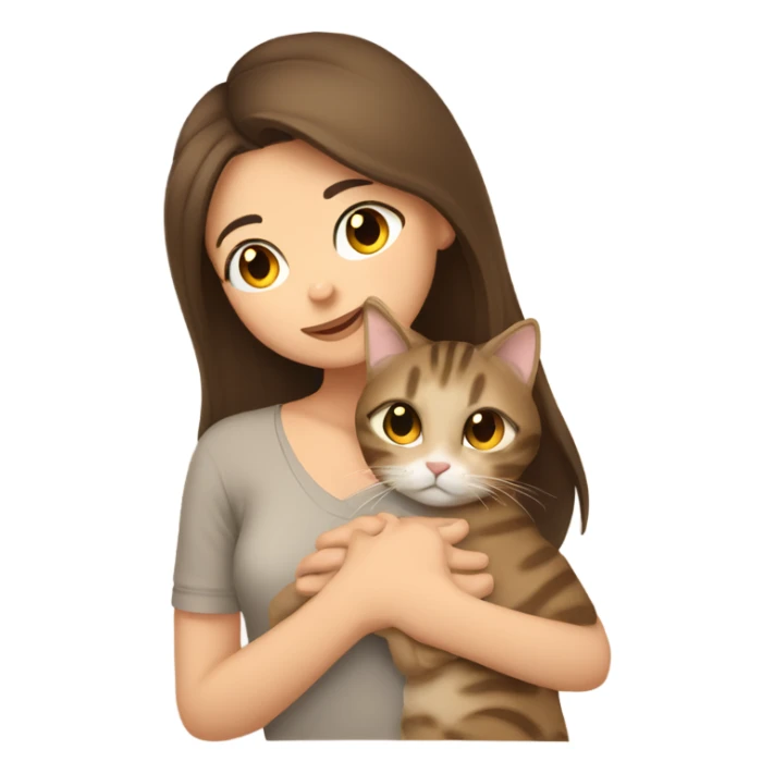 brunette hair girl snuggling beige tabby cat sticker