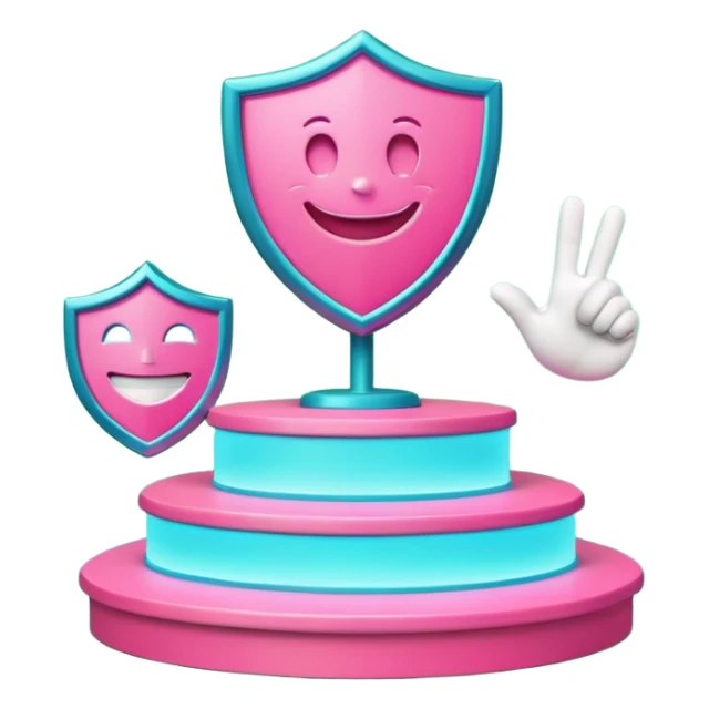 Minimalist 3D emoji-style podium with 2 steps on a green chroma key background. Step 1 (higher) features a handshake icon with blue neon glow. Step 2 (lower) features a smiling tooth with a shield icon and pink neon glow. Clean rendering, soft colors, uniform lighting. sticker