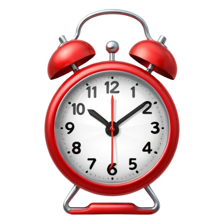 “Classic alarm clock emoji ⏰ in clean 3D style, smooth rounded clock body, bright red color, shiny metallic bells, ultra-glossy plastic texture, reflective surface, clear clock face with simple hands, soft studio lighting, subtle highlights, cute emoji proportions, ultra-polished 3D look,  sticker