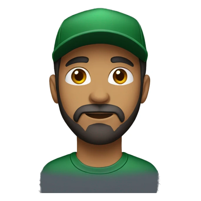 brown man with a dark beard, dark eyes, dark green t-shirt and a black cap sticker