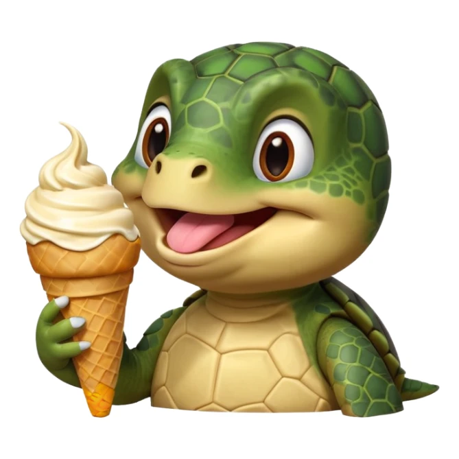 cute turtle portrait, head and shoulders only, licking an ice cream cone, funny happy expression, 3D cartoon, mobile game icon style, clean background, no text, no watermark
 sticker
