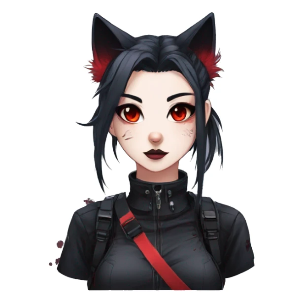 Gorgeous gothic dark techwear anime style anthro cat with blushing face aesthetic and pretty edgy black red punk messy ponytail hair with collar and harness trending style sticker