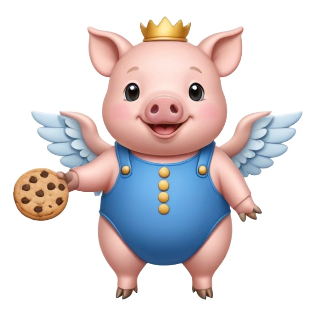 Create a cheerful cartoon character, a pig with a round body, wearing a blue outfit with cookies on its side, and small wings, smiling joyfully sticker