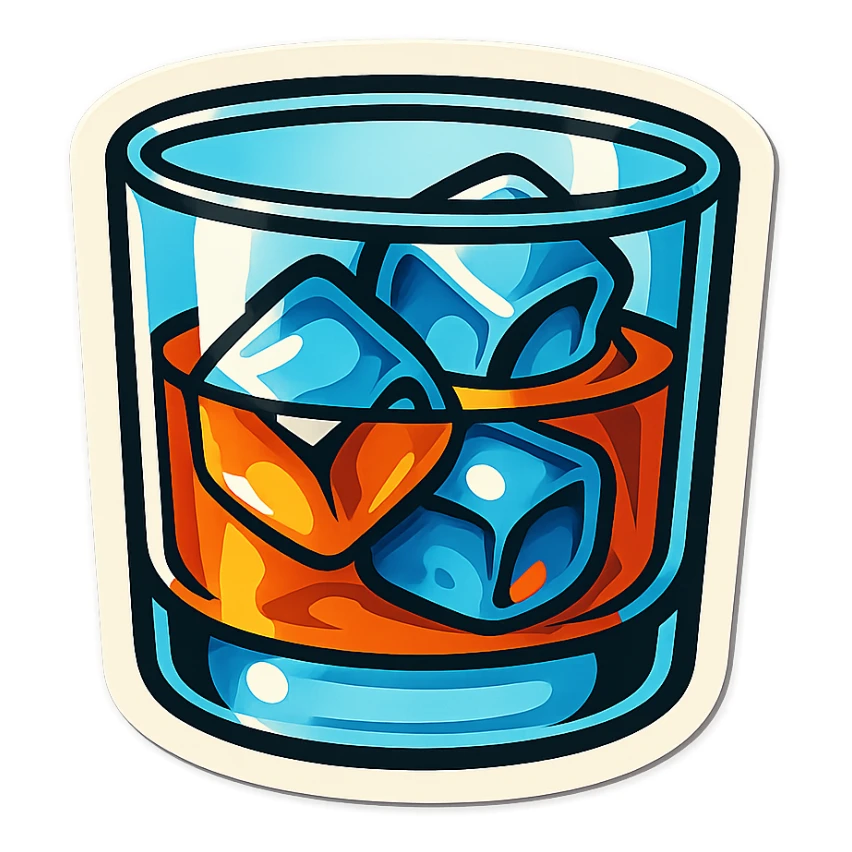 whiskey glass with ice cubes, retro stickers style, clear black outlines, expressive shadows and highlights, no gradients, only sharp color transitions, side view sticker