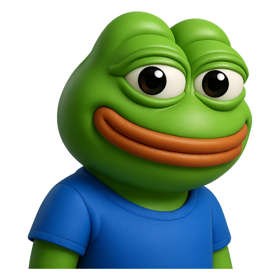 pepe in
- 3d style
- bright green
- blue shirt
- smiling
- looking straight at the camera
- good highlights and shadows
- 30deg angled towards the left sticker