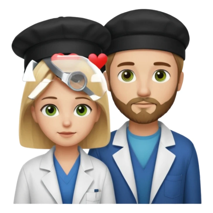 a blonde bearded guy wearing black cap, tall, fair skinned, brown eyes,  looking into the girls eyes who is short than him having green eyes and brown hair, who is in love with the guy, girl is wearing a lab coat, guy is wearing a brown jacket and blue jeans sticker