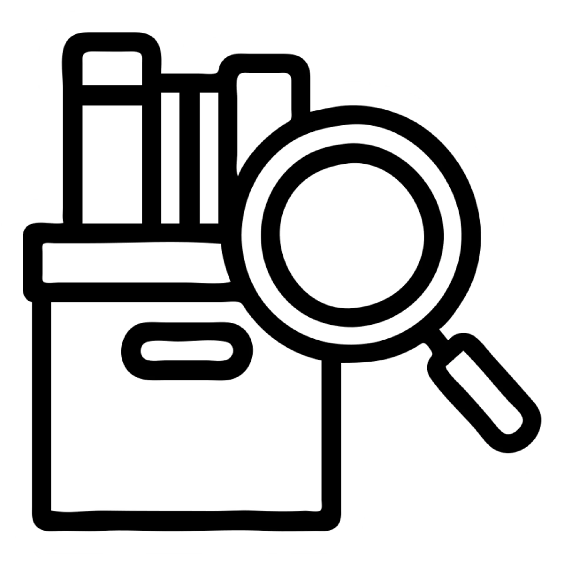 magnifying glass hovering over an archive box filled with books, symbolizing searchable archive, clean modern icon style sticker
