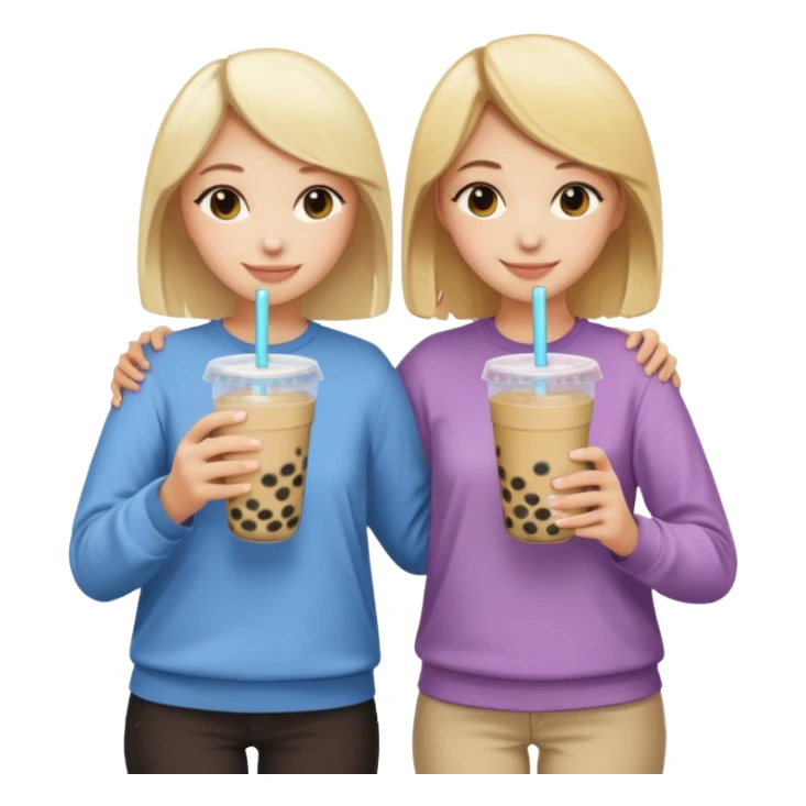 two friends, one blonde and one brunette, standing with their backs, hugging each other with one hand and holding bubble tea with the other, emoji style, both wearing casual clothes sticker