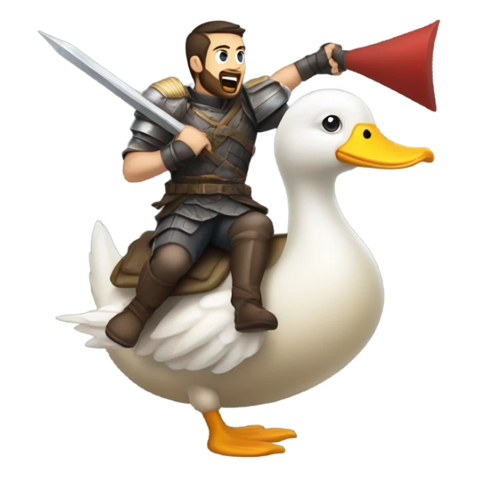 Confident armored White Man with dark brown hair and a short beard pointing forward with one arm yelling a battle charge while riding on the back of a giant duck sticker