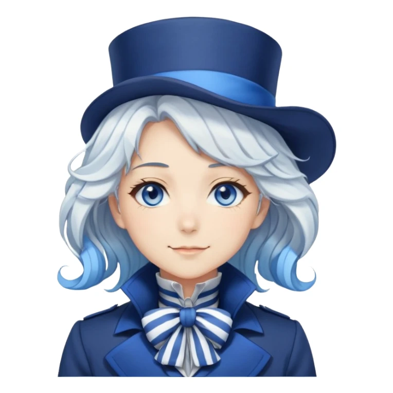 Beautiful gorgeous anime lady with white wavy hair with thin blue stripes, blue eyes, blue short top hat, smug grin, blue coat, blue cravat, white gloves sticker