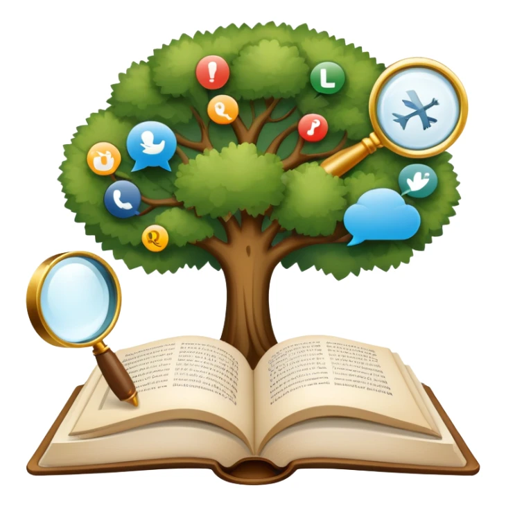 An icon featuring an open book, a speech bubble, and a linguistic tree, symbolizing philology and linguistics. The design includes alphabets, language symbols, and a magnifying glass, representing the study of language, structure, and meaning. Transparent background sticker