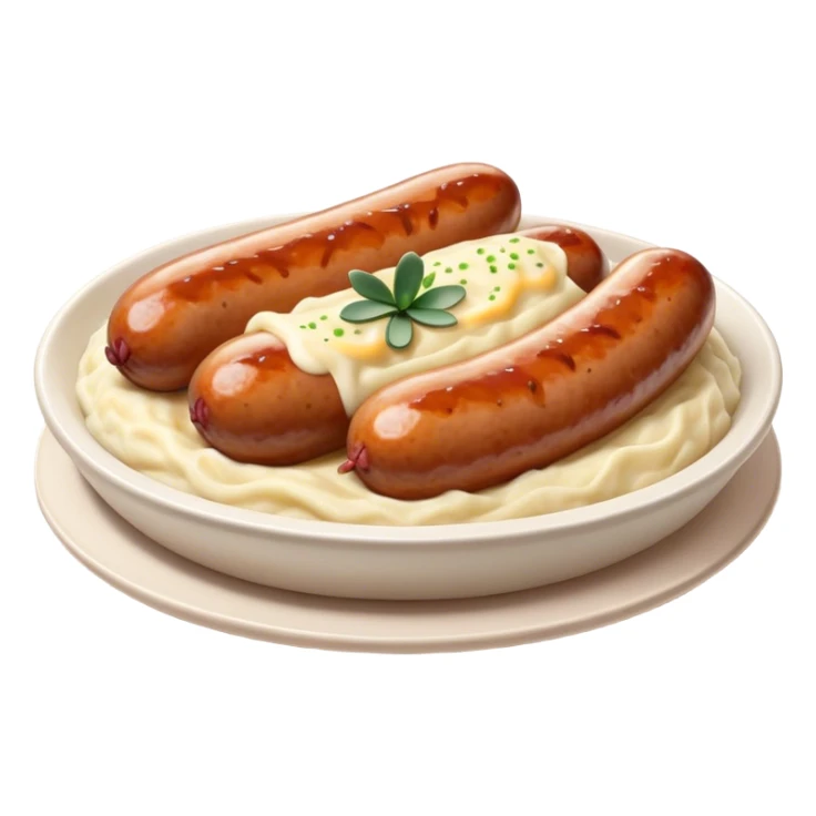 Cinematic Realistic Bangers and Mash Dish Emoji, featuring succulent pork sausages paired with creamy mashed potatoes rendered with detailed textures and natural highlights that emphasize its robust, hearty flavor. sticker