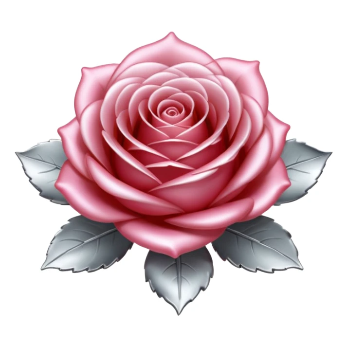 A rose emoji made of liquid silver metal, smooth metallic petals, reflective chrome surface, soft gradients, elegant shape, minimalistic iOS emoji style, centered, clean white background, realistic highlights, no text sticker