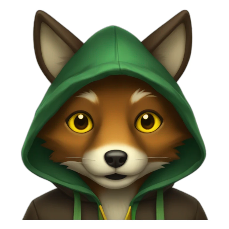 small dark brown fox with yellow eyes and a dark green hood sticker
