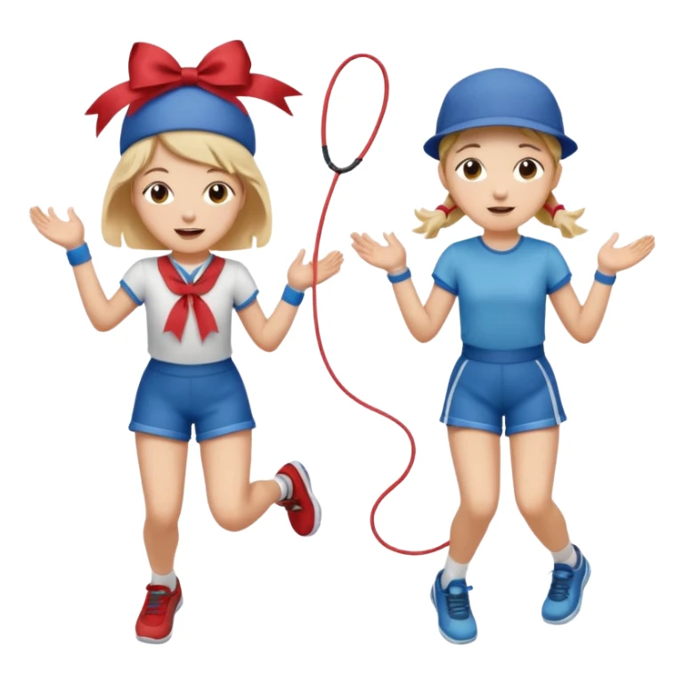Show three big emojis: 👧🏻🎀 (the doll singing), 😀👕4️⃣5️⃣6️⃣🤾 (a player jumping rope), 👦🏻🧢 (child figure). sticker