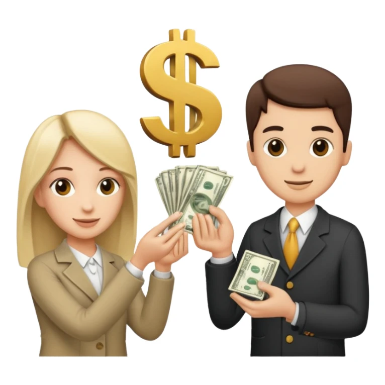 Two people exchanging money, with a dollar sign between them, symbolizing billing and financial transactions. sticker