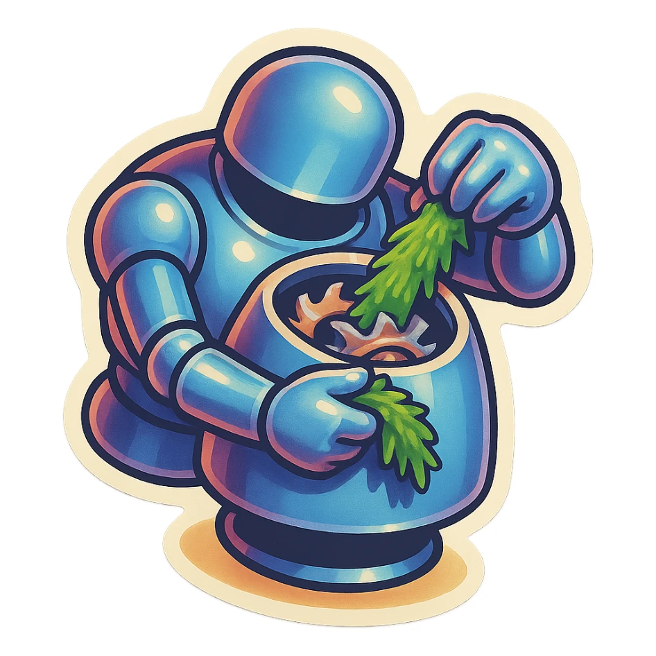 hovering robot. stuffs material into large hole on its top with 2 arms. no head. hole is where a head would be. spinning gears and blades in hole grind material.  3/4 view. between realism and cartoon. well lit. no dramatic lighting. metallic shiny robot. works diligently. drake humor sticker