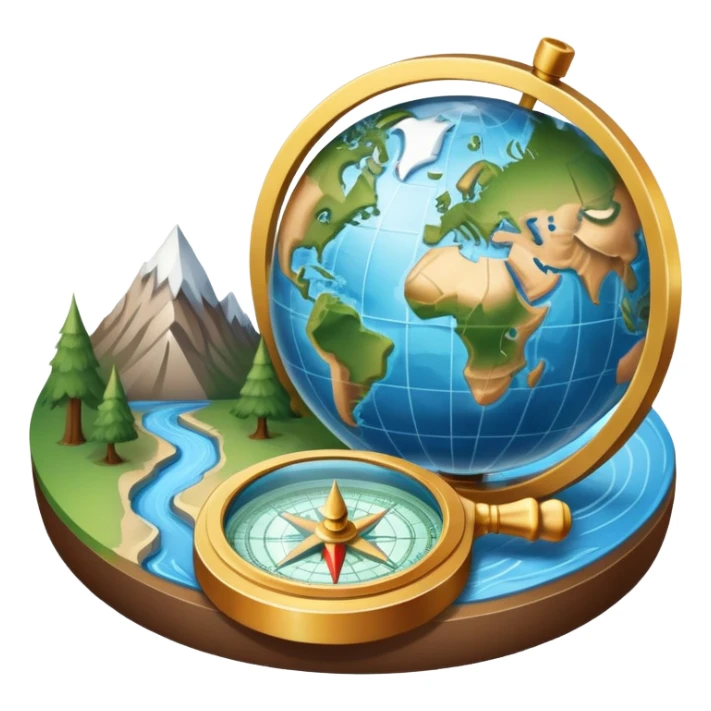 An icon featuring a globe, a compass, and a topographic map, symbolizing geography. The design includes mountain ranges, rivers, and a magnifying glass, representing the study of Earth's landscapes, features, and spatial relationships. Transparent background highlights geographic exploration. sticker
