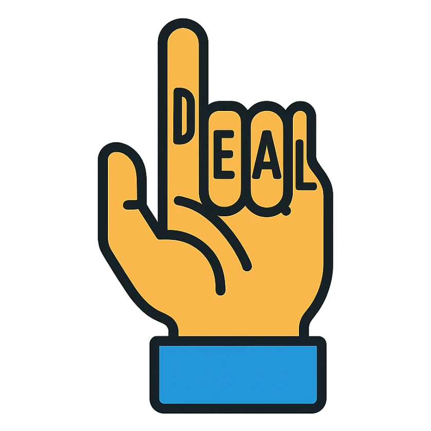 hand gesture representing the 'DEAL' hand sign, fingers forming the letters D, E, A, L, color outline icon style sticker