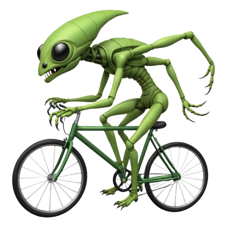 insectoid alien riding a bicycle, bug-like eyes, segmented limbs, strange but fun cycling pose, sci-fi creature vibe, 3D cartoon, mobile game icon style, clean background, no text, no watermark
 sticker