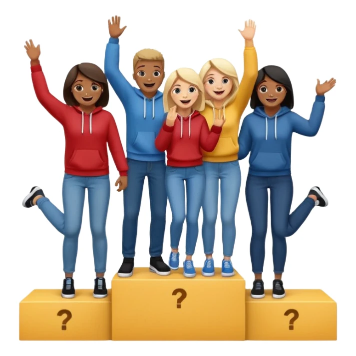 winners’ podium with multi-racial people, middle step higher, fun, casual clothes like jeans and hoodies, excited, fun emoji style sticker