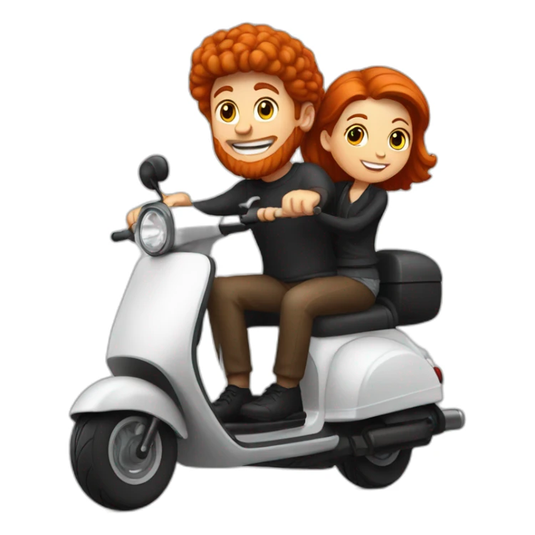 Red Headed man riding a black scooter with a girl on the back sticker