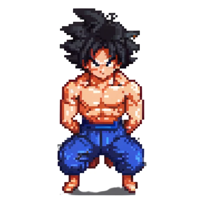 Goku from Dragon Ball Z doing push ups in pixel art style sticker