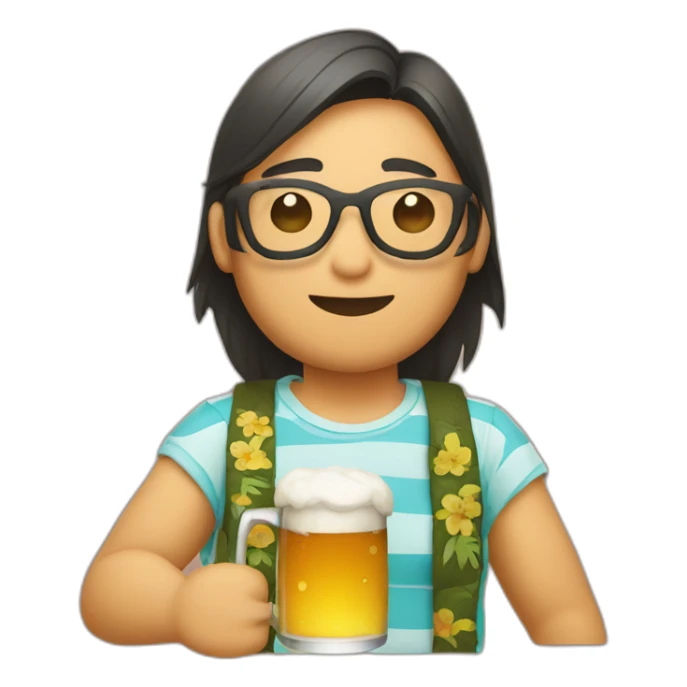Japanese wearing roundglasses alohashirt is holding beer sticker