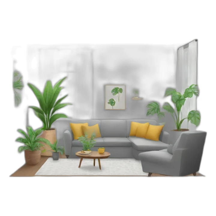 living room with plants and a grey sofa sticker