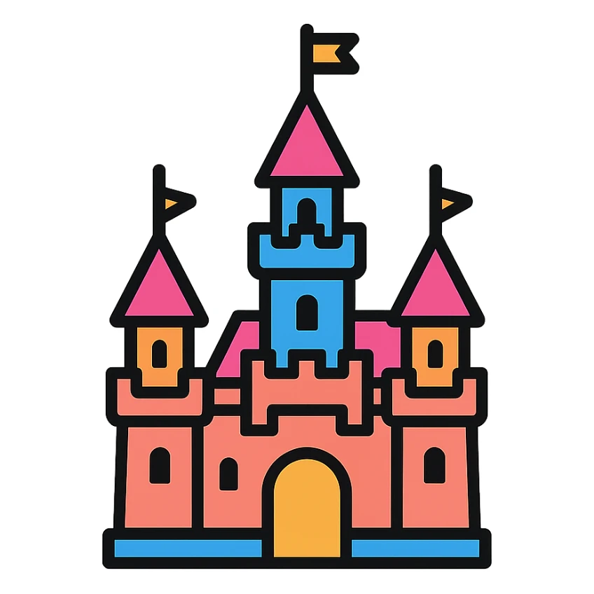Disneyland castle, bold outlines, vibrant colors, playful and modern icon style sticker
