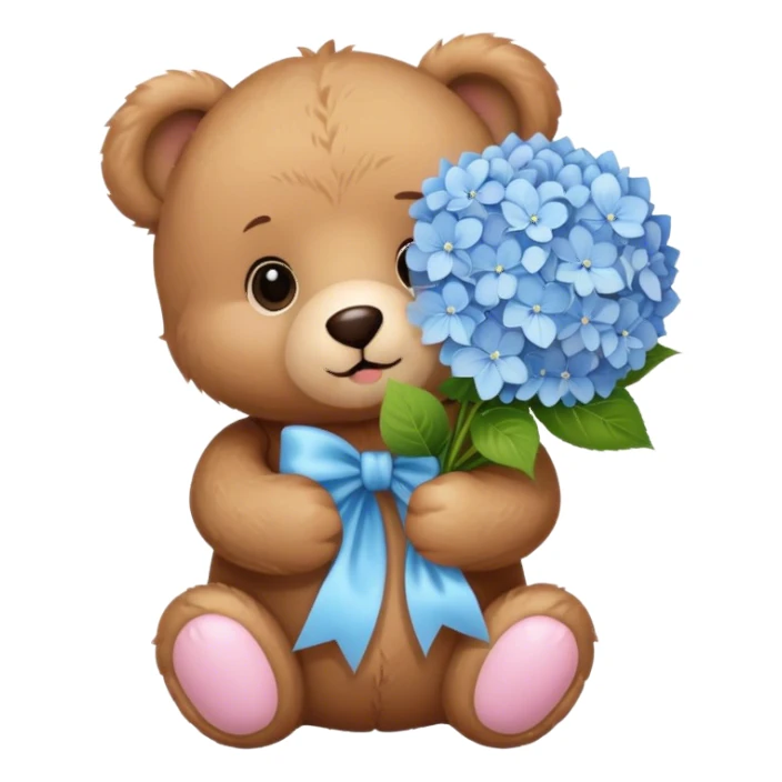 light brown teddy bear super cute holding a light pink and light blue bouquet of hydrangeas sticker