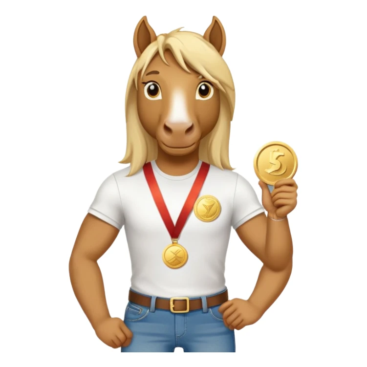 friendly anthropomorphised stallion in jeans and a t-shirt, holding a gold medal sticker