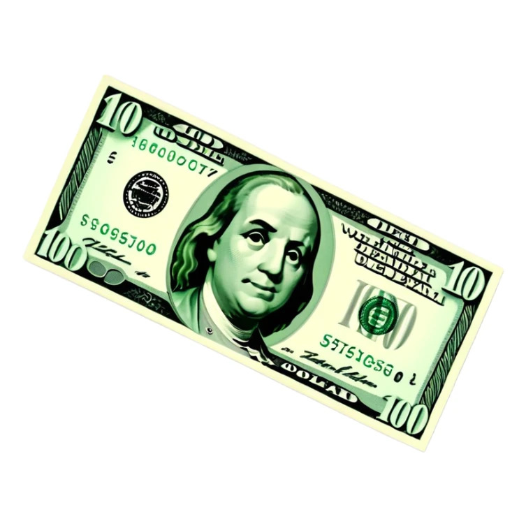 3D realistic US 100 dollar bill sticker, slight perspective, centered, clean cutout, transparent background, no text, no watermark sticker
