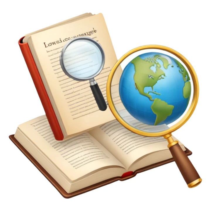 An icon featuring an open book, a speech bubble, and a magnifying glass, symbolizing the study of language and linguistics. The design includes letters, words, and a globe, representing the analysis of languages and communication across cultures. Transparent background. sticker