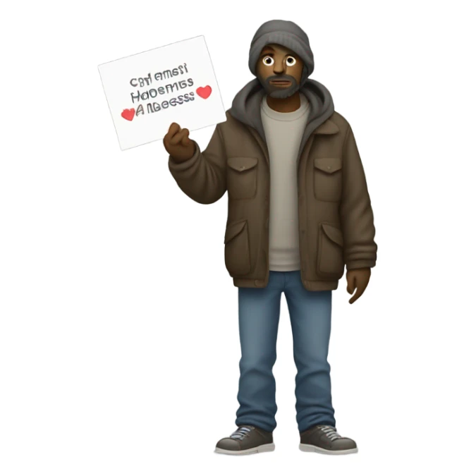 homeless man full body standing with a sign sticker