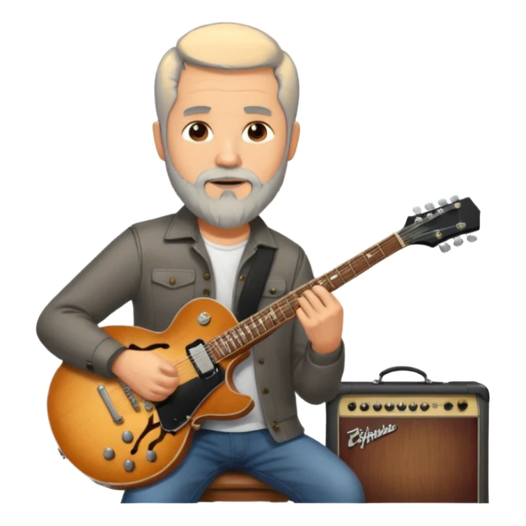 a short grey hair, with long side beard chop, middle age metal head with a classic epiphone eletric guitar sticker