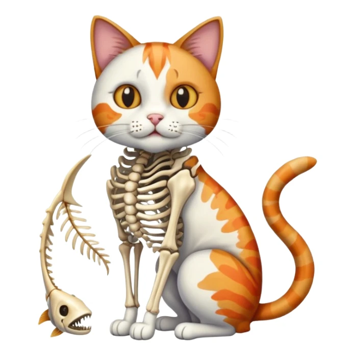 cat full body sitting with fish skeleton in mouth sticker