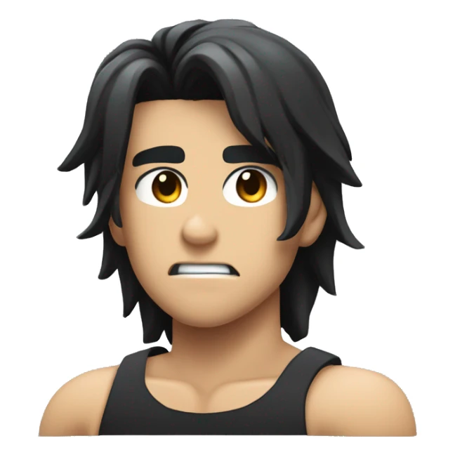 Create an emoji of a muscular anime character in profile view, with a serious expression, black hair, wearing a tight black t-shirt, and showcasing defined muscles. The background should be a simple light grey circle. sticker