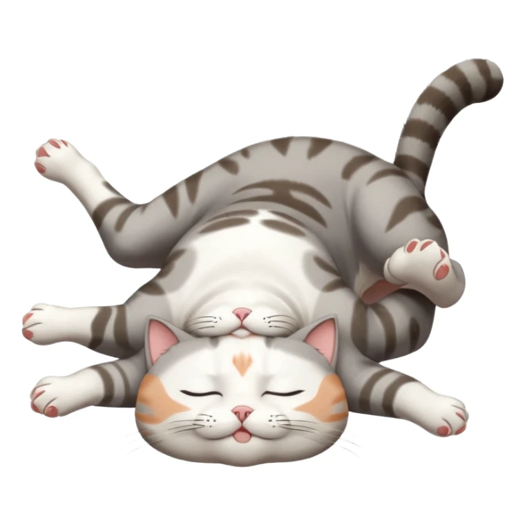 grey and white small cat with eyes closed lying down upside down with paws stretched out straight vertically  sticker