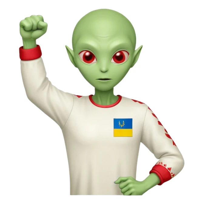 Green alien in Shirt 👚 vyshyvanka, white with red embodiary on sleeved, with 🇺🇦 Ukraine flag in a hand and 💪 sticker