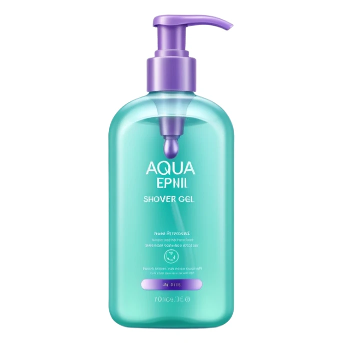 realistic sleek modern shower gel bottle curved pump or flip-top cap semi-transparent or opaque soft color aqua mint lavender shiny smooth hint of gel inside no branding bubbles or faces clean 3D soft lighting transparent background emoji scale sticker