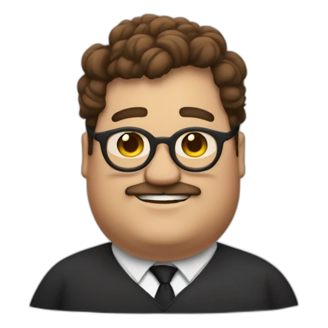 Fat boston guy with circular glasses and brown hair and a clef chin sticker