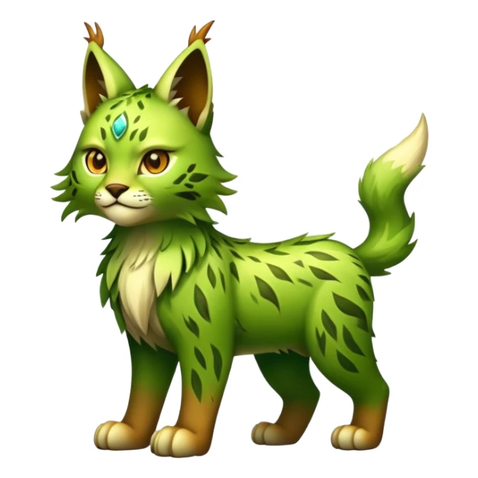 Mossy, brown-green-gradients elemental epic shiny Grass-type Lynx-Fakémon-creature. full body sticker