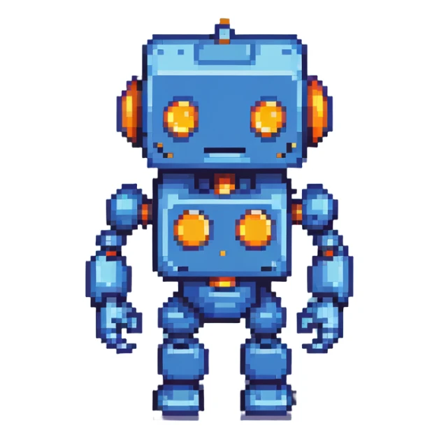 pixel art blue robot with square head and arms, retro video game style sticker