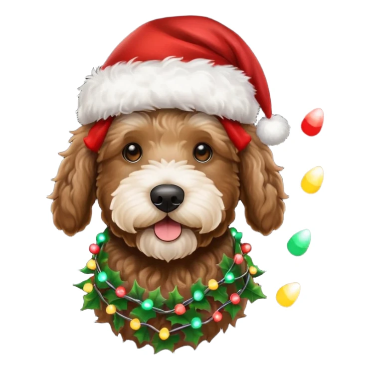 dark brown goldendoodle with a Santa hat and Christmas lights sticker